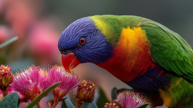 Colorful rainbow lorikeet and exotic red and yellow macaw parrots with vibrant feathers perched on a tropical branch in nature wildlife