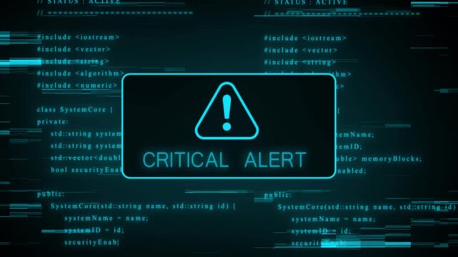 Digital cyberspace with glowing cyan code and a prominent warning triangle symbol indicating a system error or alert on a dark futuristic background with glitch effects and data streams