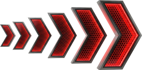 A progression of six metallic arrows filled with glowing red honeycomb patterns indicating forward movement and growth digital graphic direction shiny modern abstract design transparent background