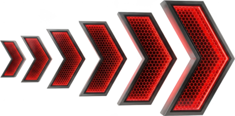 A progression of six metallic arrows filled with glowing red honeycomb patterns indicating forward movement and growth digital graphic direction shiny modern abstract design transparent background