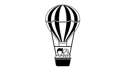 Obraz premium Black and white illustration of a hot air balloon with two people inside the basket, symbolizing adventure and travel.