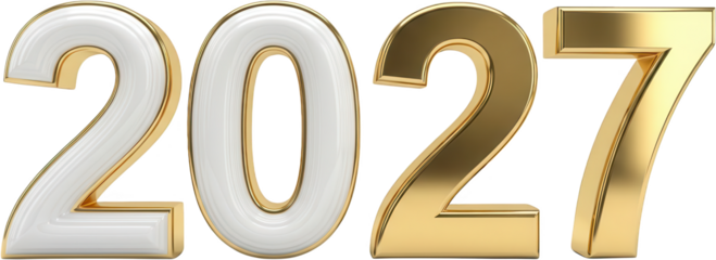 Gleaming 3D numerals depicting the year 2027 with a luxurious combination of white polished surfaces and metallic gold edging new year celebration future number rendering transparent background