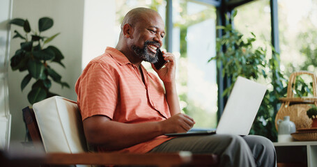 Man, talk and phone call in house with laptop for remote work, journalism and news report research....