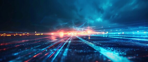 Digital light beams glowing in a futuristic cityscape at night with blue and orange hues creating a vibrant atmosphere