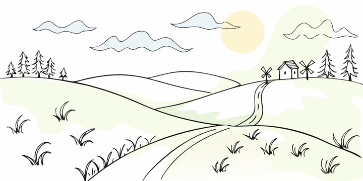 A peaceful landscape with rolling hills trees and a distant house