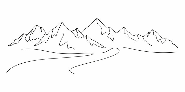 Minimalist line drawing of a mountain range with a flowing river below