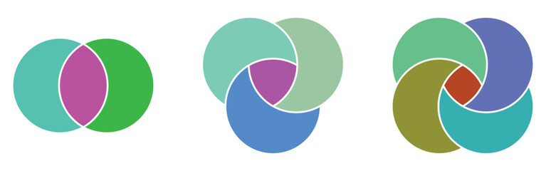 Marketing circle venn-diagram icons set on white page. Round infographic diagram icons. Modern isolated vector icons set on white background. EPS 10. 