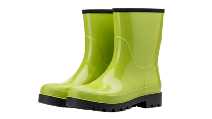 Pair of bright green rain boots on transparent background