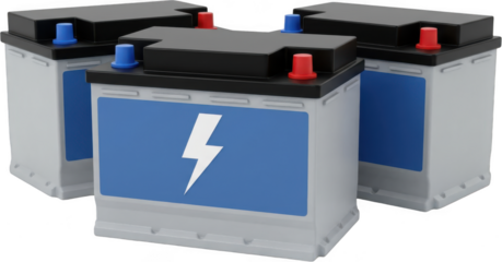Three grey car batteries with blue and red terminals featuring blue labels with a white lightning bolt symbol displayed side by side car battery automotive battery battery transparent background