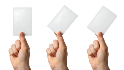 Three hands holding white paper squares