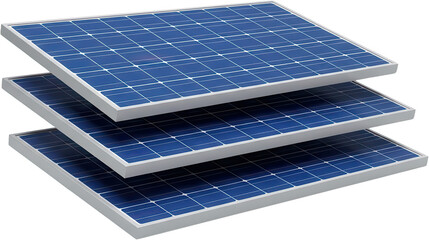 Three stacked blue photovoltaic solar panels with silver frames creating an abstract grid pattern representing renewable energy electricity technology power clean sustainable transparent background