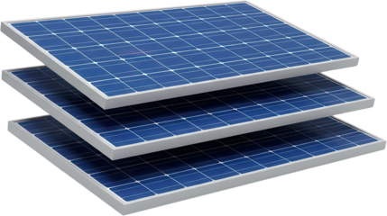 Three stacked blue photovoltaic solar panels with silver frames creating an abstract grid pattern representing renewable energy electricity technology power clean sustainable transparent background