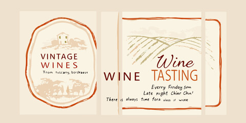 Vintage wine labels with illustrations of a farmhouse and vineyard landscape