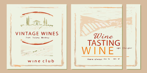 Vintage wine labels and tasting event promotional banners with textured backgrounds