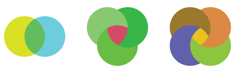 Isolated modern vector venn-diagram icons set on white background. Vector graphical round diagram. Modern infographic diagram set. EPS 10. 