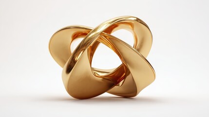 Shiny Golden Abstract Intertwined Sculpture on White Background