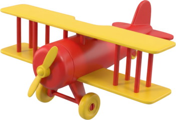 A classic biplane toy crafted from smooth red and yellow plastic featuring a propeller wings and tail fin perfect for playful aviation themes airplane aircraft vintage child transparent background