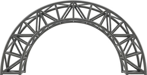 A metallic grey arched truss structure made of interconnected geometric bars creating a strong industrial support frame engineering framework construction steel aluminum modern transparent background