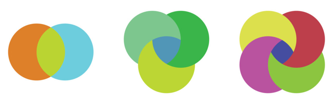 Isolated modern vector venn-diagram icons set on white background. Vector graphical round diagram. Modern infographic diagram set. EPS 10. 