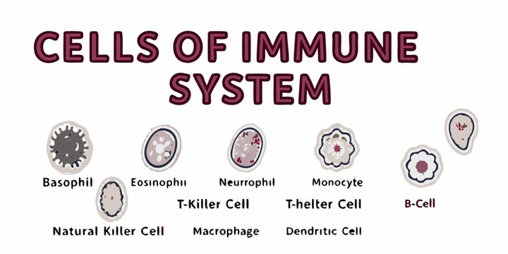 Illustration of various immune system cells including basophils eosinophils and lymphocytes
