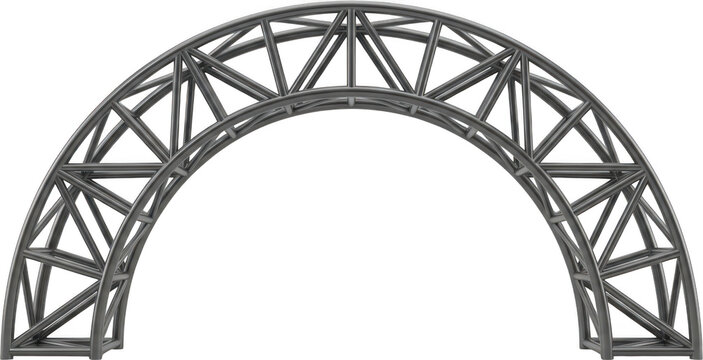 A metallic grey arched truss structure made of interconnected geometric bars creating a strong industrial support frame engineering framework construction steel aluminum modern transparent background