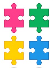 Four jigsaw pieces in pink, green, yellow and blue arranged in a two-by-two grid on a plain white background