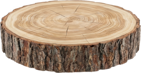 A textured cross section of a natural tree trunk reveals intricate growth rings and rough bark detail showcasing organic wood patterns tree trunk slice wood cross section transparent background