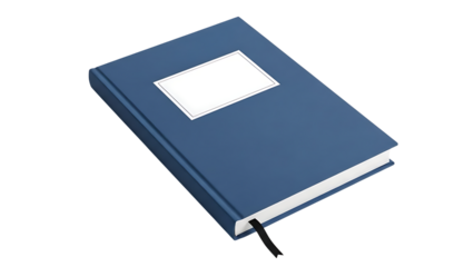 Blue book with white label on transparent background
