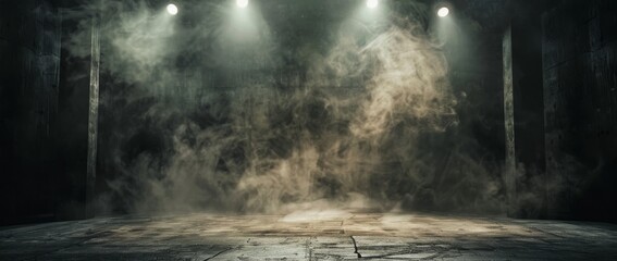 Empty stage illuminated by spotlights with fog