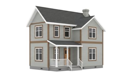 White house with brown trim and gray roof