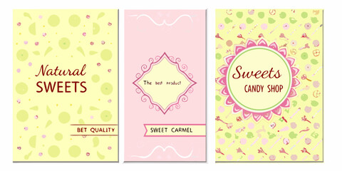 Fototapeta premium Three decorative banner designs with pastel colors and sweet shop themes
