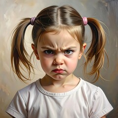 An upset young girl with pigtails scowls, displaying displeasure against a blurry neutral background