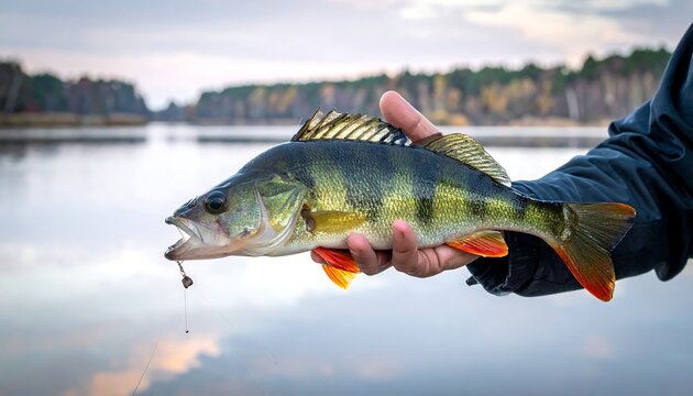 A freshly caught yellow perch is held by a person