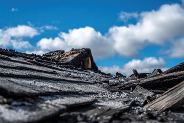 Ruinous Roof Detail: Burnt Shingles and Exposed Beams in Summer Light