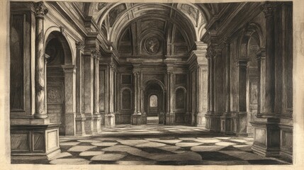 Obraz premium Grand Architectural Hallway: A Monochrome Masterpiece