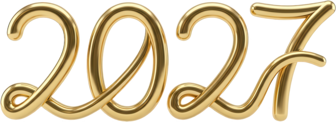 Gleaming golden numeral 2027 rendered as intertwined polished metallic tubes with a sophisticated fluid design numbers year new year celebration shiny luxury elegant modern transparent background