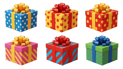 Six colorful gift boxes with bows on transparent background