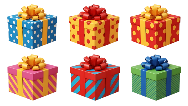 Six colorful gift boxes with bows on transparent background - Powered by Adobe
