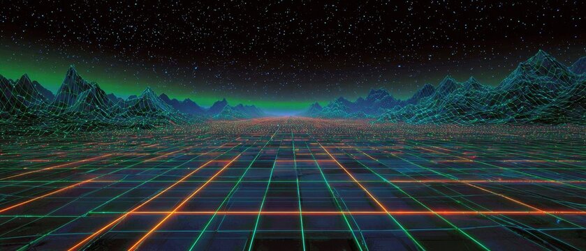 Vibrant Neon Grid Landscape with Wireframe Mountains and Starry Sky - Powered by Adobe