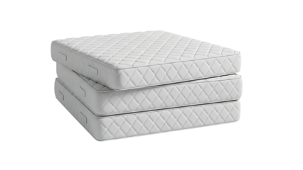 Three stacked white mattresses on transparent background