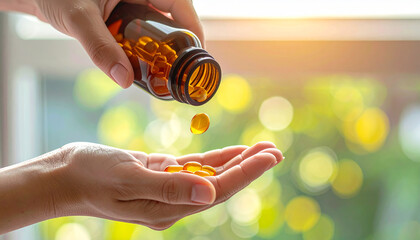 Close up of hands pouring yellow tablets from amber glass medicine bottle into palm, sunlight in background, healthy lifestyle, wellness, supplement routine, natural light, morning energy