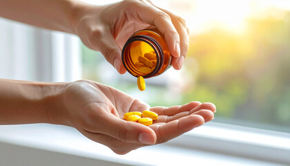 Close up of hands pouring yellow tablets from amber glass medicine bottle into palm, sunlight background, healthy lifestyle, healthcare and wellness concept