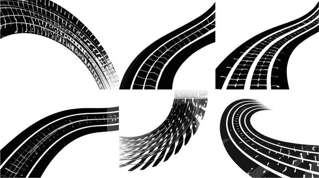 Collection of six black and white graphic designs depicting various tire tracks and curved road patterns on a white background.