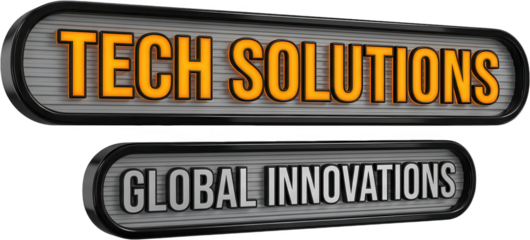 Three dimensional text TECH SOLUTIONS with orange glow and GLOBAL INNOVATIONS with silver letters on ribbed panels technology business digital modern concept word graphic transparent background