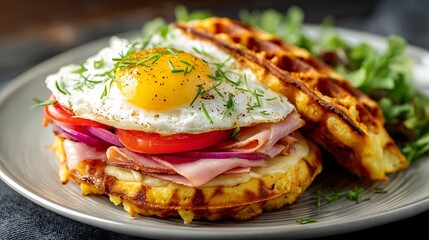 Healthy gourmet meal of fresh grilled chicken breast served on a plate with a green salad of lettuce, tomato, and assorted vegetables for a delicious lunch or dinner diet dish