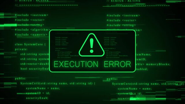 Digital screen displaying computer code with a prominent green warning triangle symbol and glitch effects indicating a system error or alert in a dark technological environment
