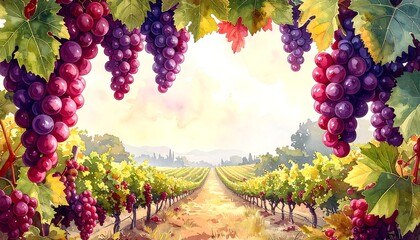 Watercolor illustration of a vineyard with ripe grapes, lush vines, and a sunny landscape. The grapes hang down framing the view