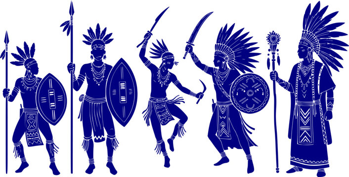 Tribal Warrior Silhouette Spear Shield African Indigenous Fighter Ancient Aboriginal Native American Black Vector Isolated White Background Ethnic Traditional Chief