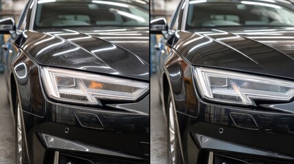 Before and After Car Detailing Showing Dirty Exterior on Left and Shiny Clean Finish on Right, Showcasing the Results of a Thorough Cleaning Process