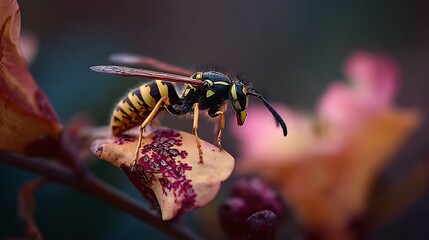 A macro closeup shows a yellow and honey bee with delicate wings gathering pollen from a spring flower in a sunny summer garden